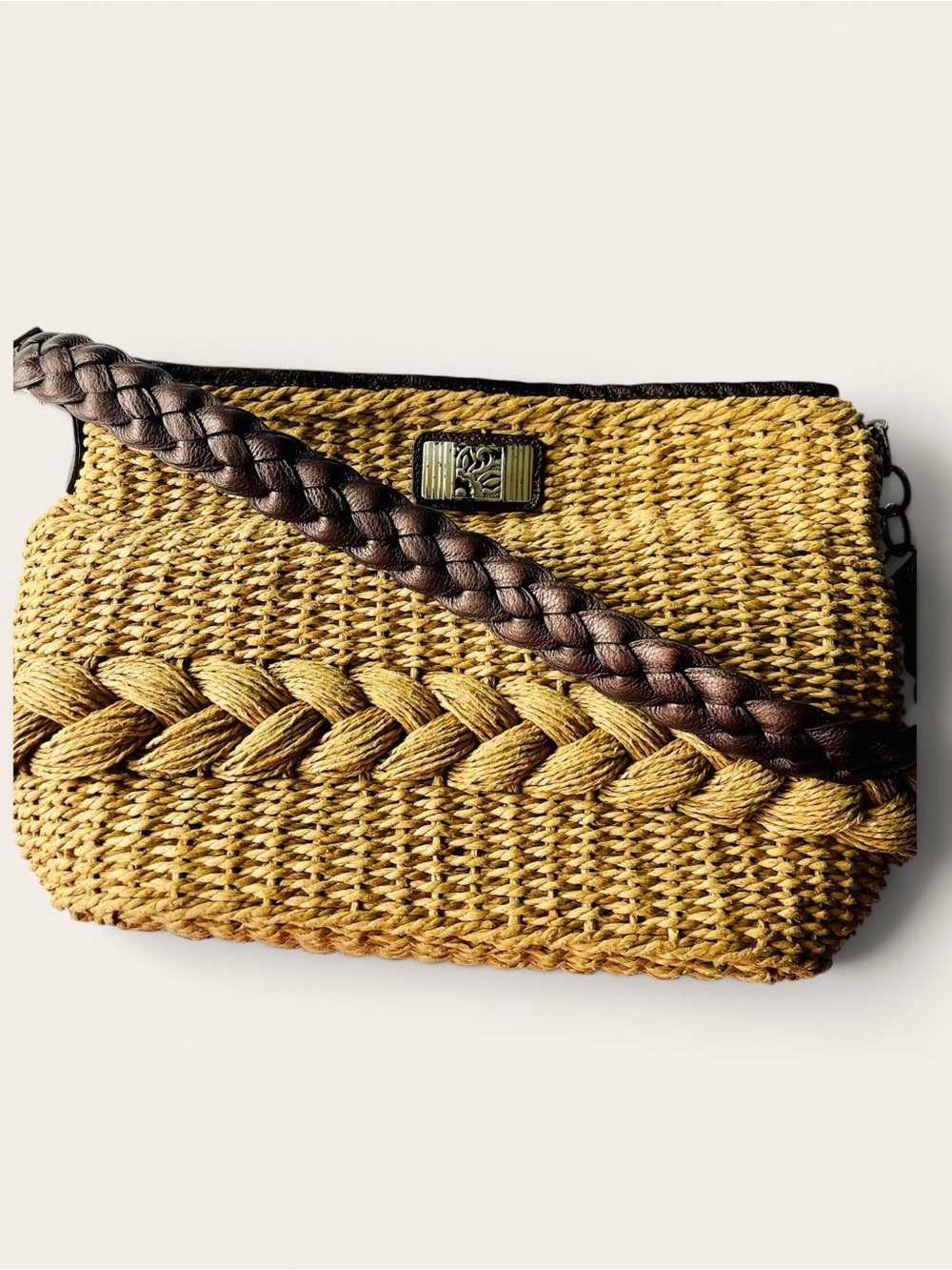 Brighton Straw Woven Shoulder Bag Brown Leather Braided Handle Beach Tote Purse - Picture 5 of 16